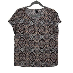 Emery Rose Women Navy Blue Geometric Medallion V-Neck Short Sleeve Blouse Size L